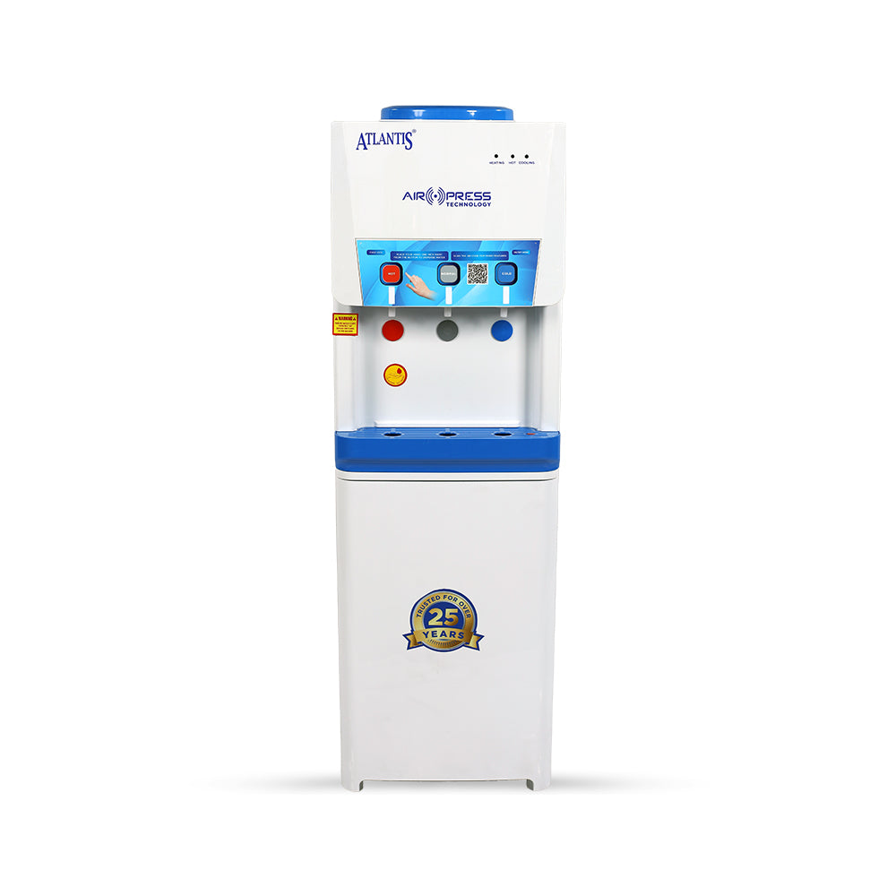 Atlantis Airpress 3 Tap Water Dispenser in white and blue with three colored taps and 25 years badge