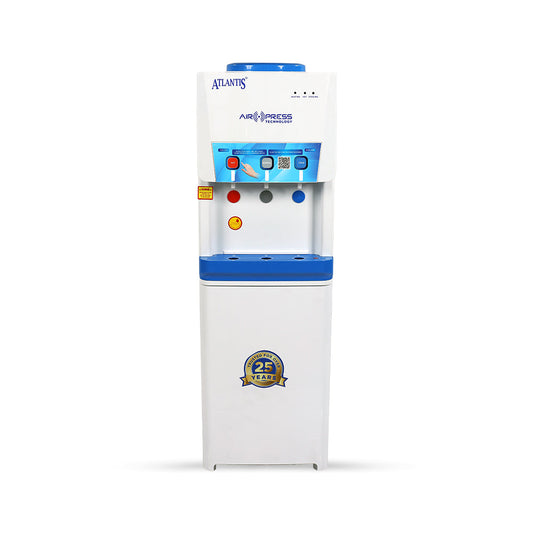 Atlantis Airpress 3 Tap Water Dispenser in white and blue with three colored taps and 25 years badge