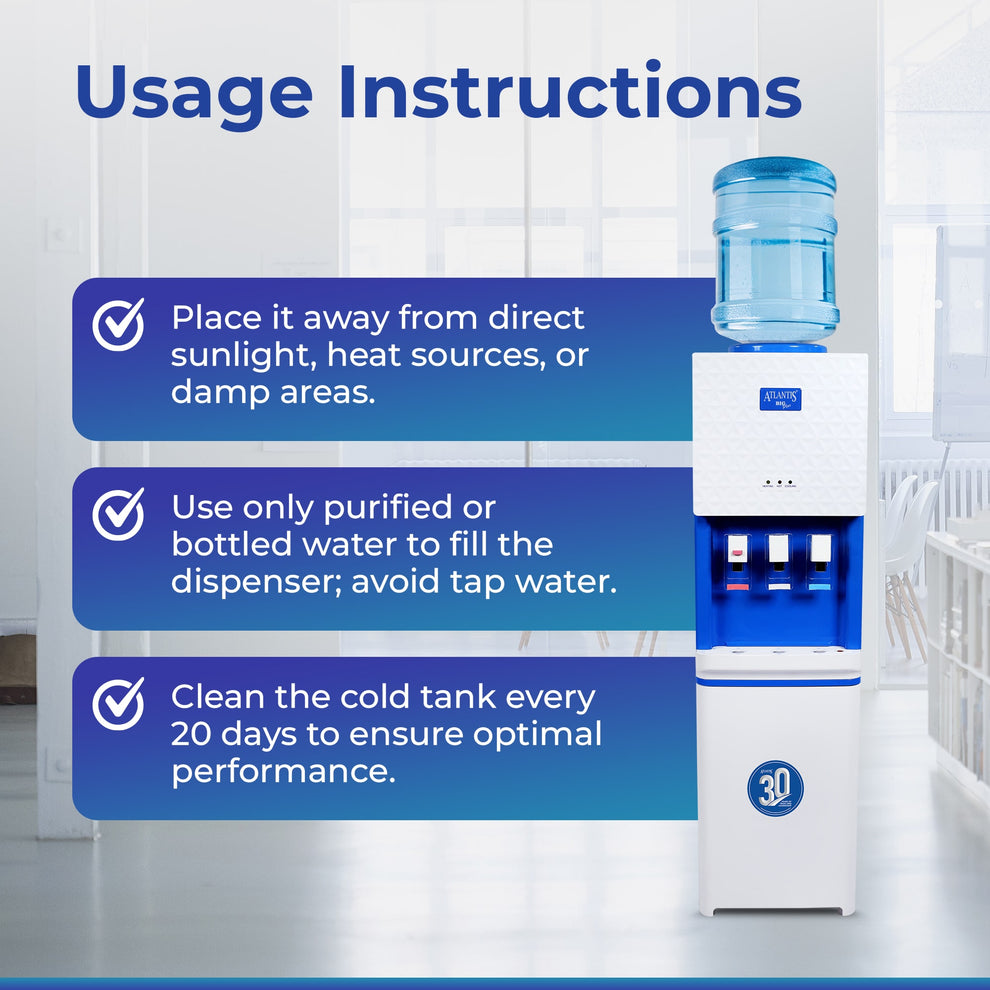 Usage instructions for Atlantis Big Plus Water Dispenser 3 with placement, water type, and cleaning tips
