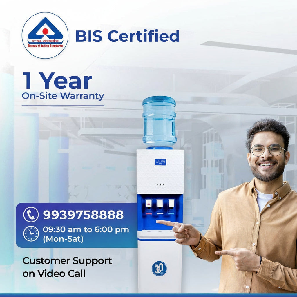 Atlantis Big Plus water dispenser with water bottle and man pointing, BIS certified with 1 year warranty