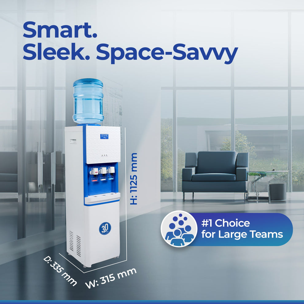 Atlantis Big Plus water dispenser with blue and white design, ideal for large teams and office use
