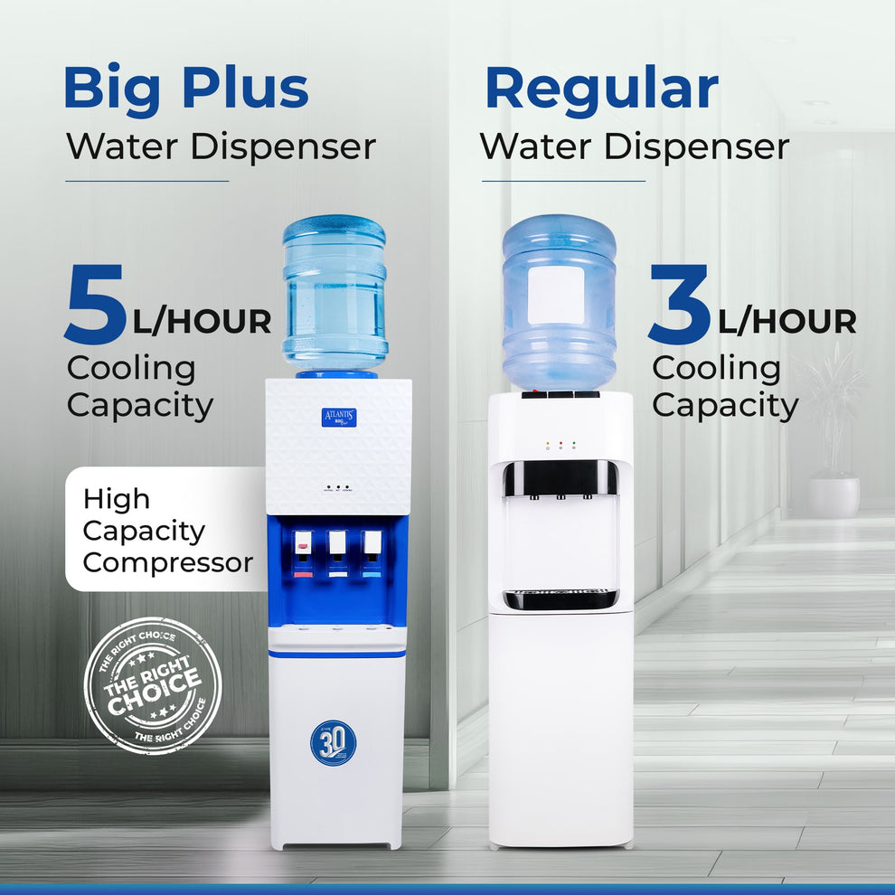 Atlantis Bigplus water dispenser with 5 liters per hour cooling capacity next to regular water dispenser with 3 liters per hour capacity