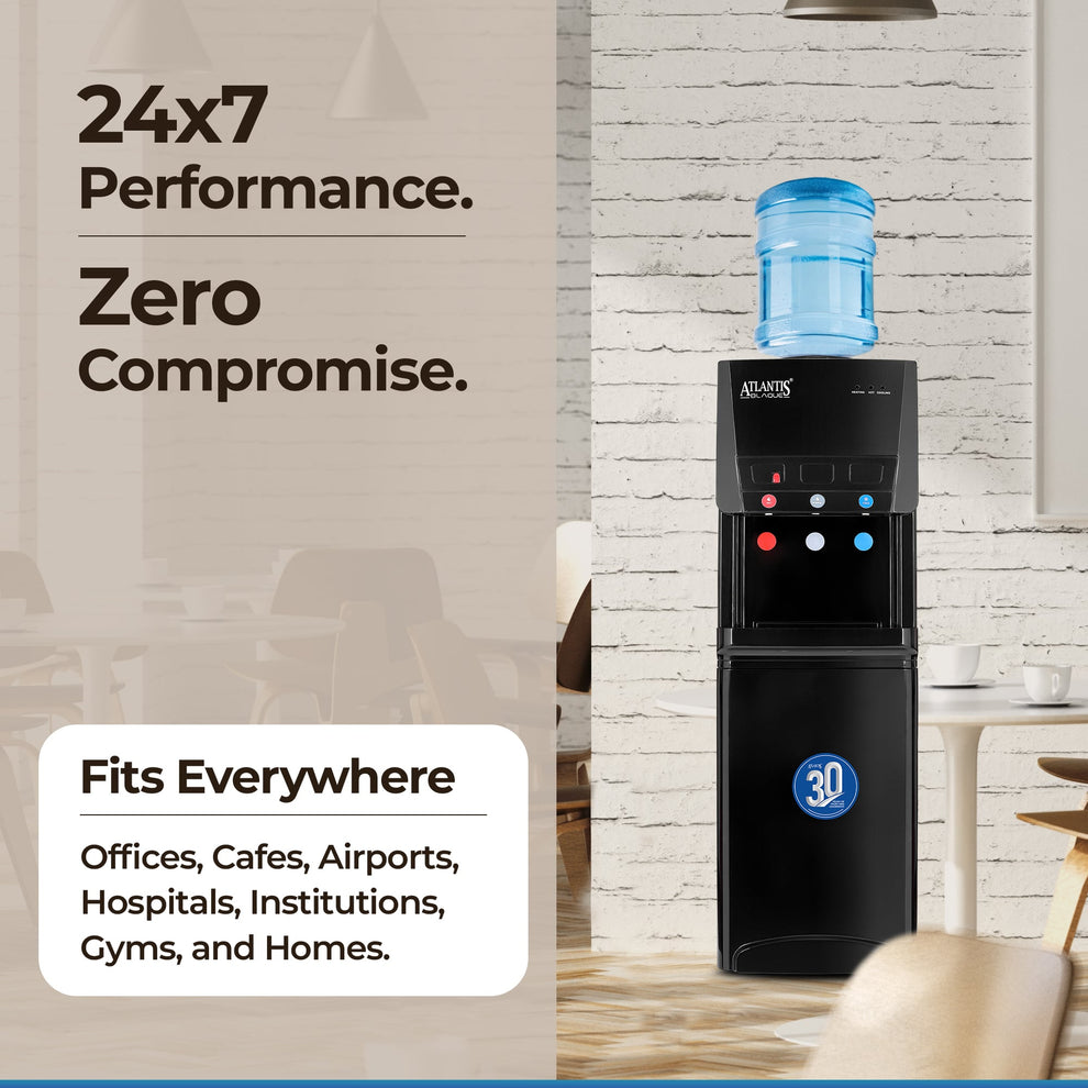 Atlantis Blaque water dispenser with blue water bottle ideal for offices cafes airports hospitals gyms and homes