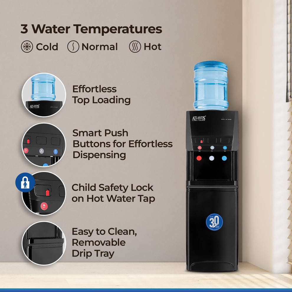 Atlantis Blaque water dispenser with top loading bottle and smart push buttons for cold, normal, and hot water
