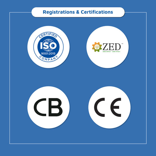 Registrations and certifications including ISO 9001 2015, ZED, CB, and CE logos for Atlantis Blue hot and cold water dispenser