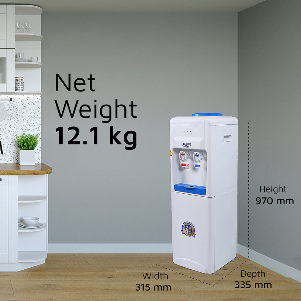 Atlantis Blue hot and cold water dispenser white unit with blue and red taps in modern kitchen setting