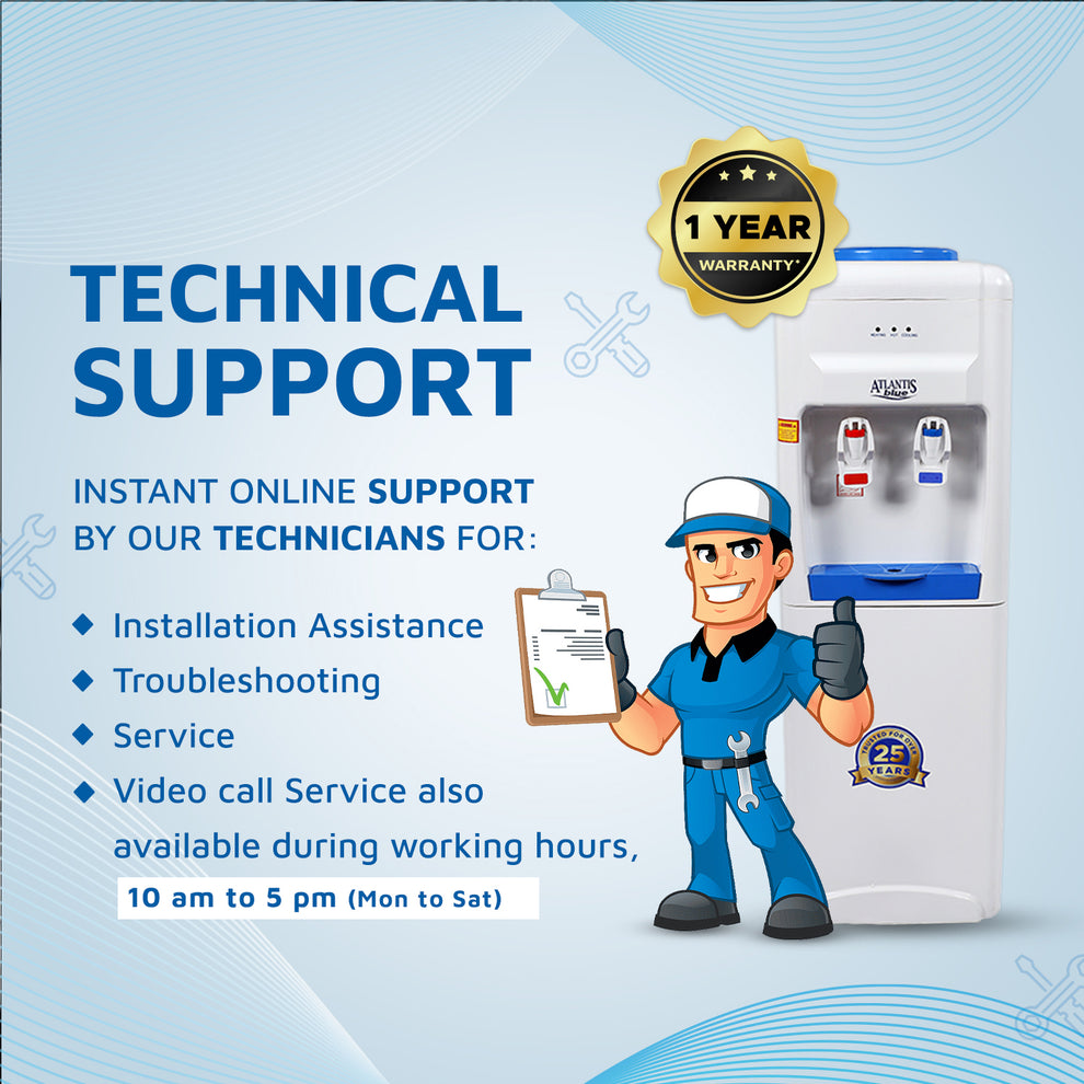 Atlantis Blue hot and cold water dispenser with technician offering installation and troubleshooting support