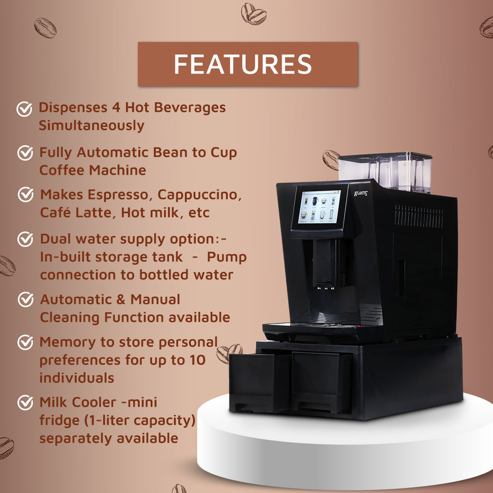 Atlantis brew fully automatic coffee machine with touchscreen and multiple beverage options