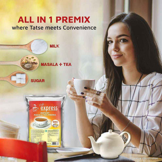Woman holding cup of tea with Atlantis Cafe Express Masala Tea premix 1kg packet and teapot on table