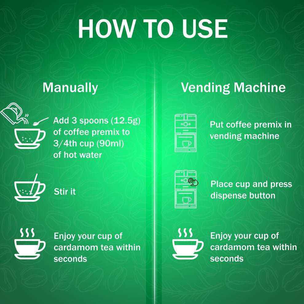 Instruction guide on how to use cardamom tea premix manually and with vending machine