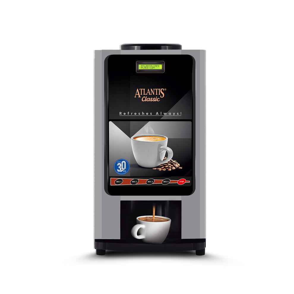 COFFEE WALLA Atlantis Classic 2-lane coffee vending machine dispensing fresh coffee cup