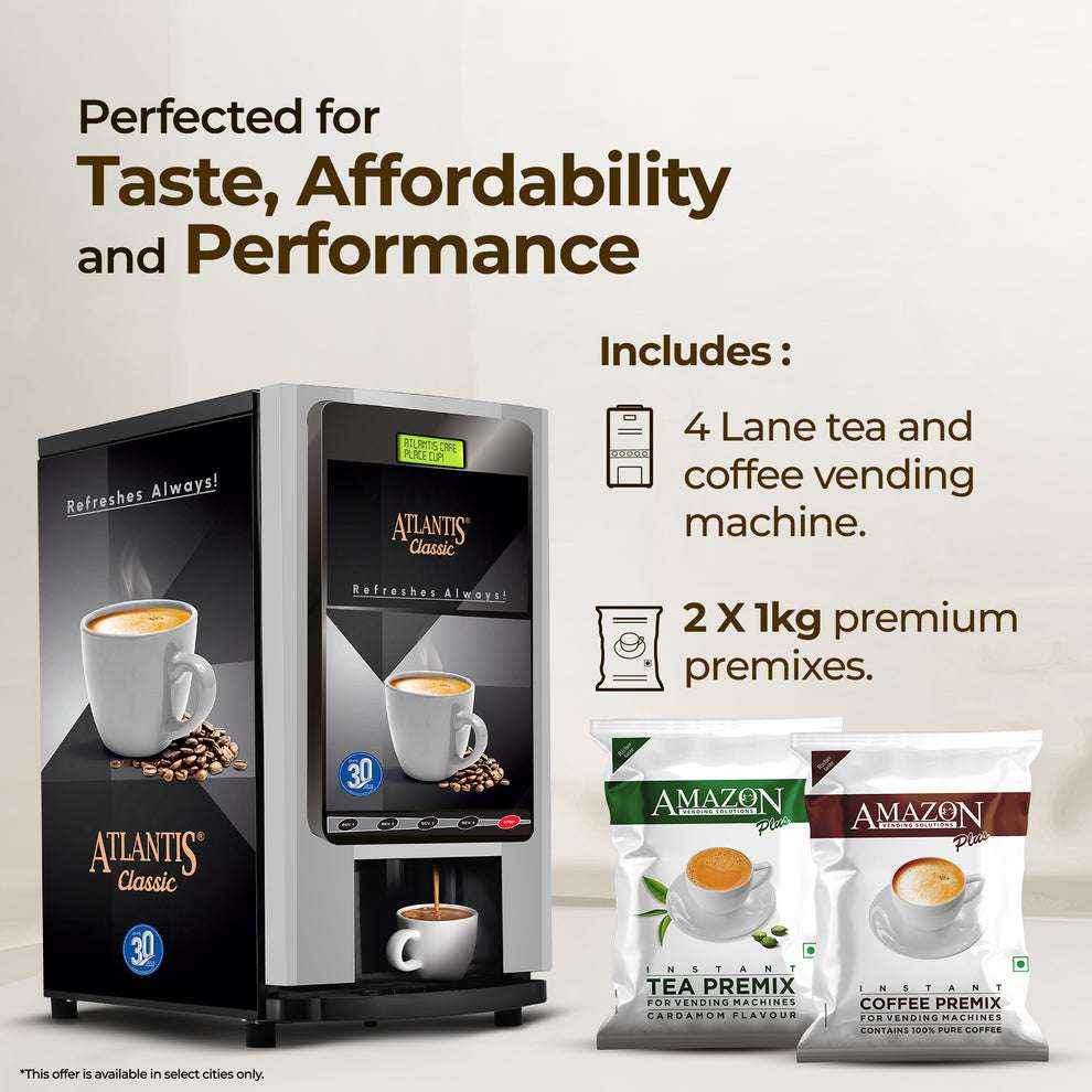 Atlantis Classic 2-lane coffee vending machine by Coffee Walla with tea and coffee premixes for affordable performance