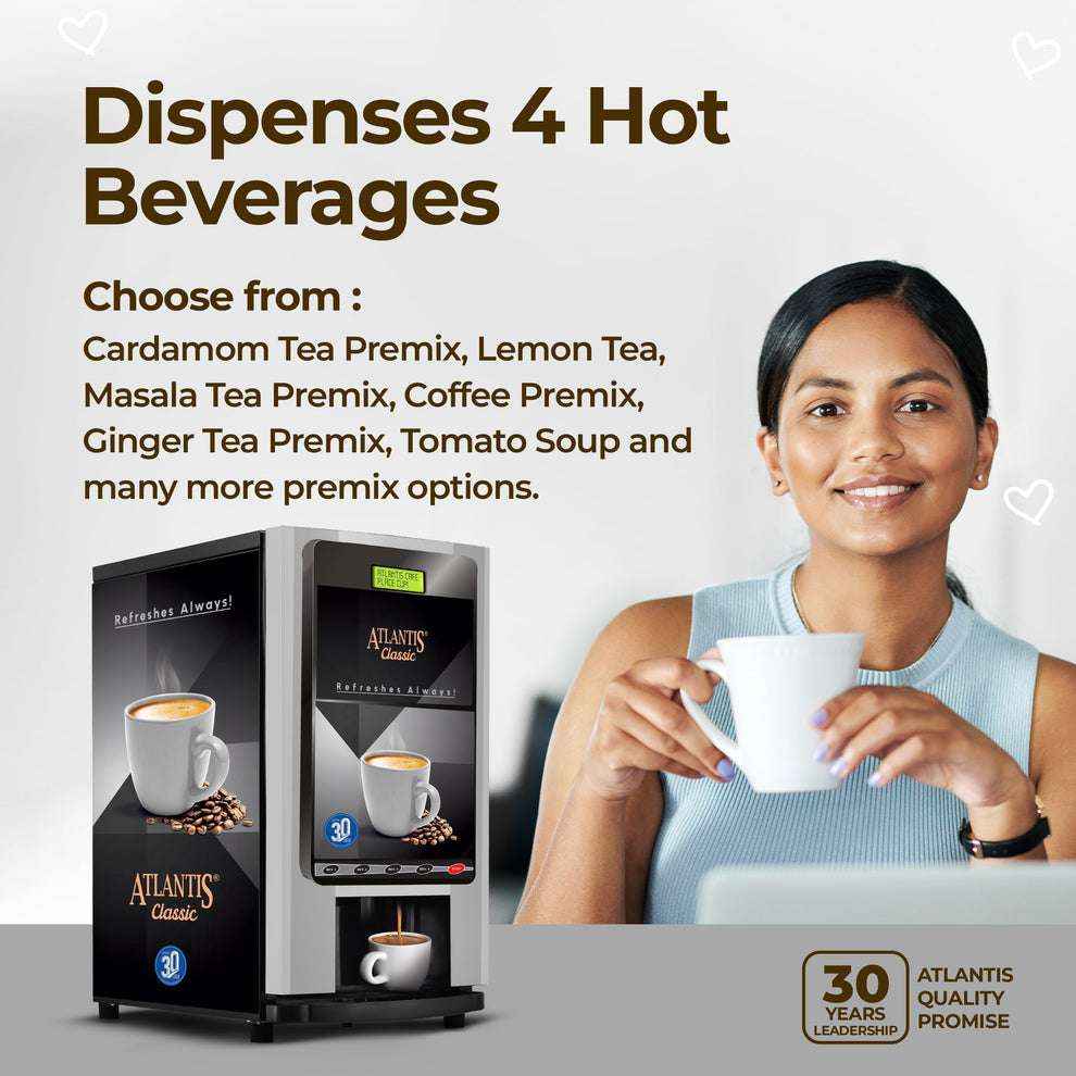 Atlantis Classic 4 lane Coffee Vending Machine dispensing hot beverages with woman enjoying a cup of coffee