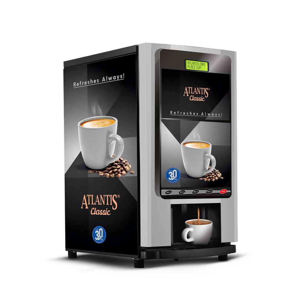 Atlantis Classic 4 lane Coffee Vending Machine with sleek black and silver design dispensing hot coffee