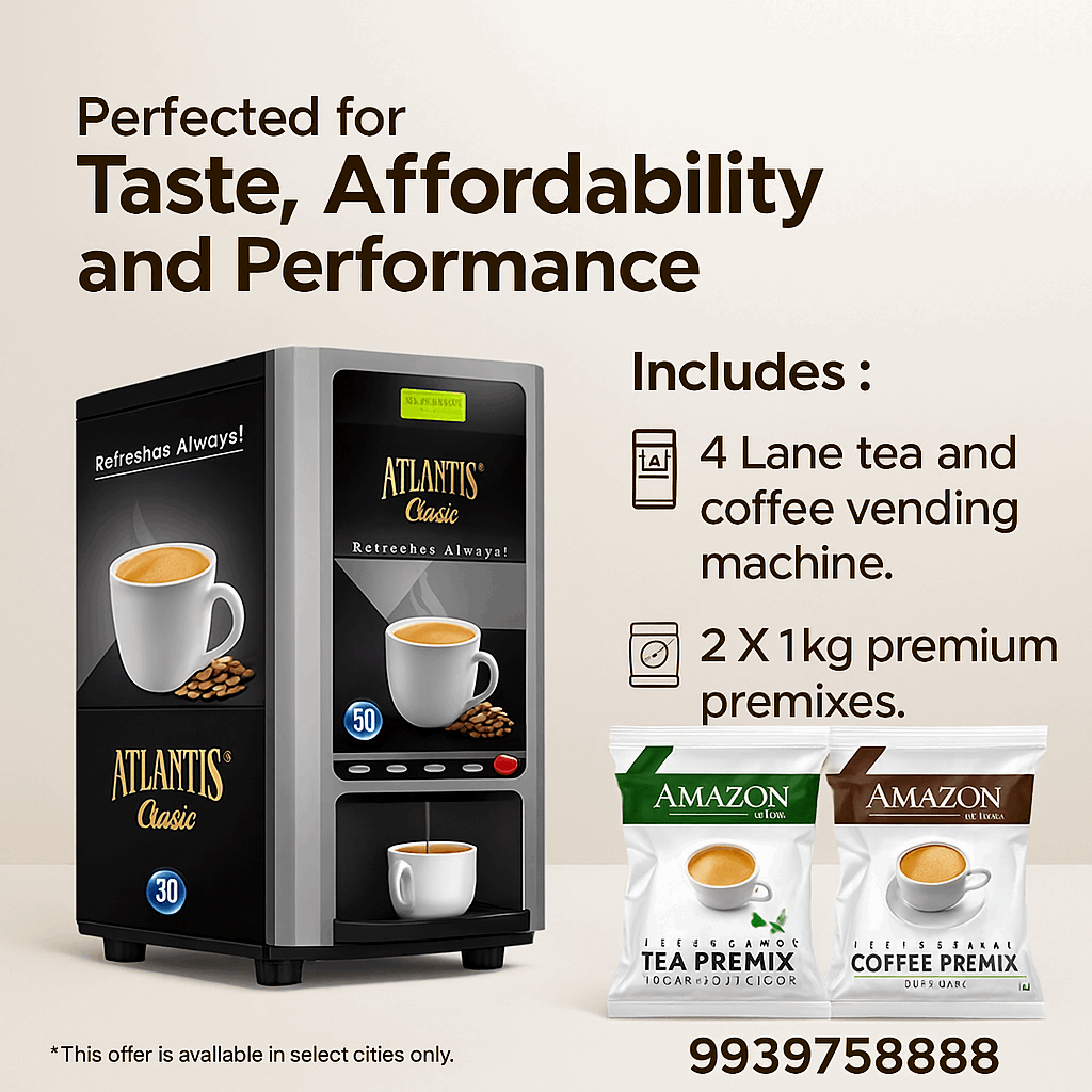 4 lane tea coffee vending machine Atlantis Classic with premium tea and coffee premixes for taste and affordability