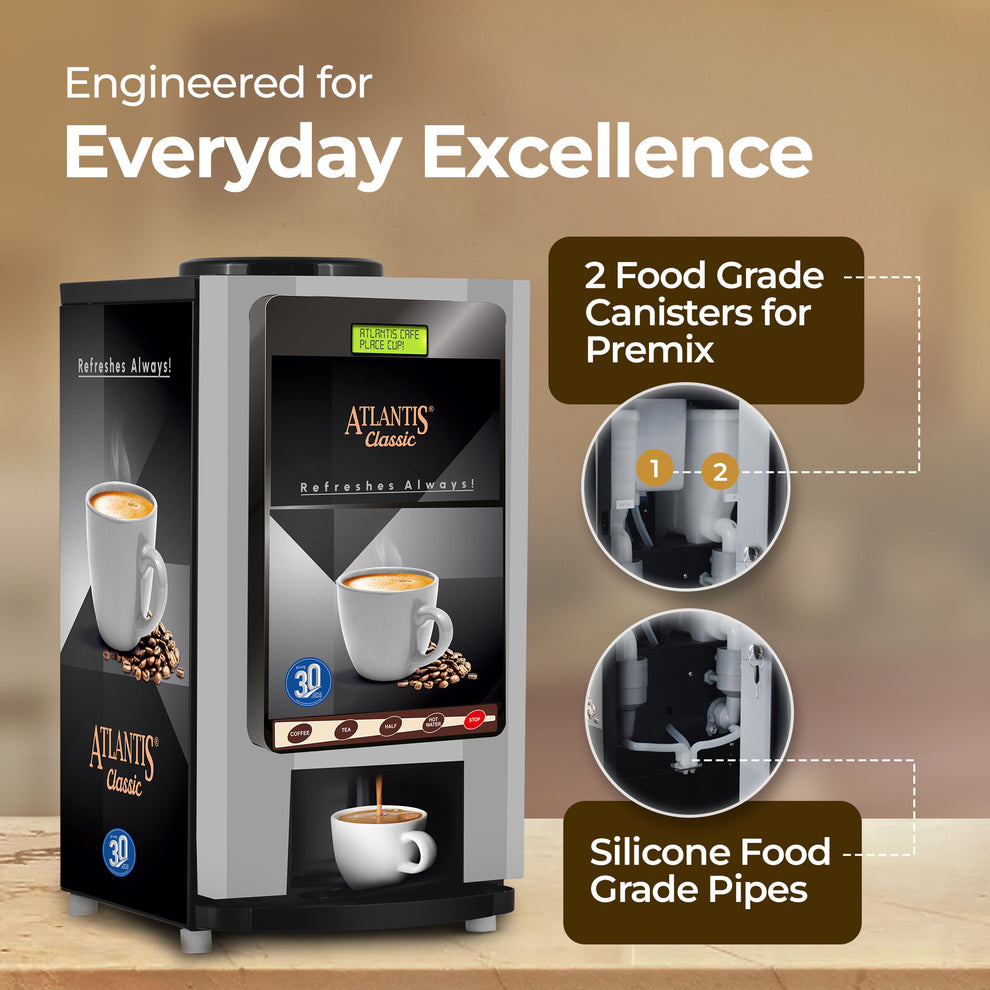Atlantis Classic tea and coffee vending machine by COFFEE WALLA with food grade canisters and silicone pipes