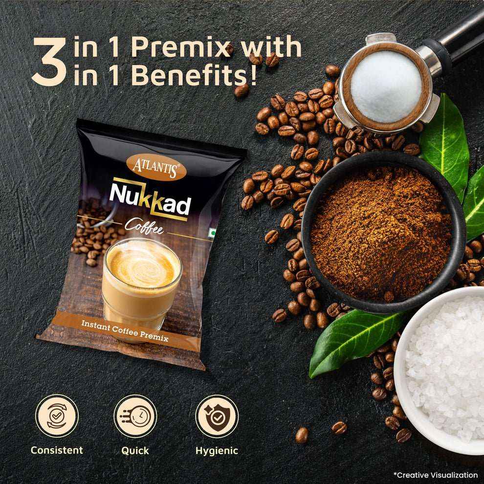 Atlantis coffee powder for vending machine packet with coffee beans and ground coffee on black surface