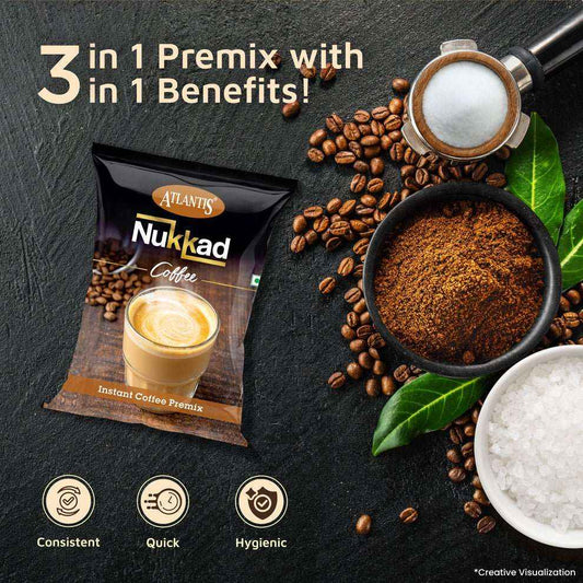 Atlantis coffee powder for vending machine packet with coffee beans and ground coffee on black surface