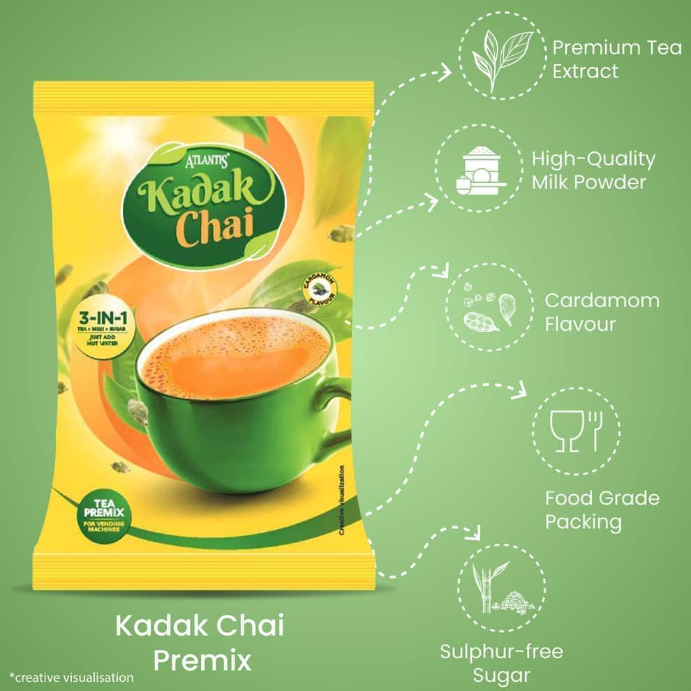 Atlantis Kadak 3-in-1 Tea premix packet with green cup of tea showing premium extract and cardamom flavour