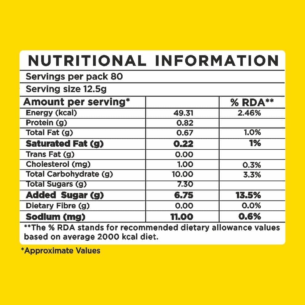 Nutritional information label for Atlantis Kadak 3-in-1 Tea premix showing calories, protein, fat, sugar, and sodium content