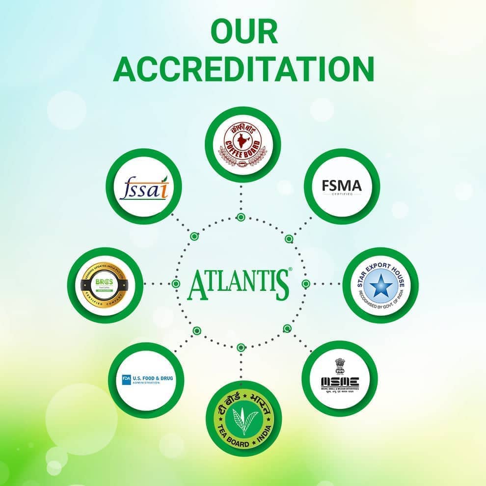 Accreditation logos surrounding Atlantis name for Atlantis Kadak 3-in-1 Tea premix by Tea coffee vending service