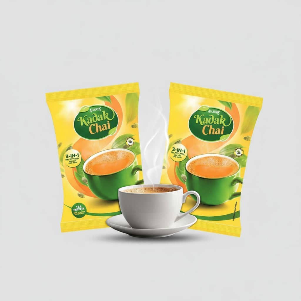 Atlantis Kadak 3-in-1 Tea premix packets with a steaming cup of prepared tea in white cup and saucer