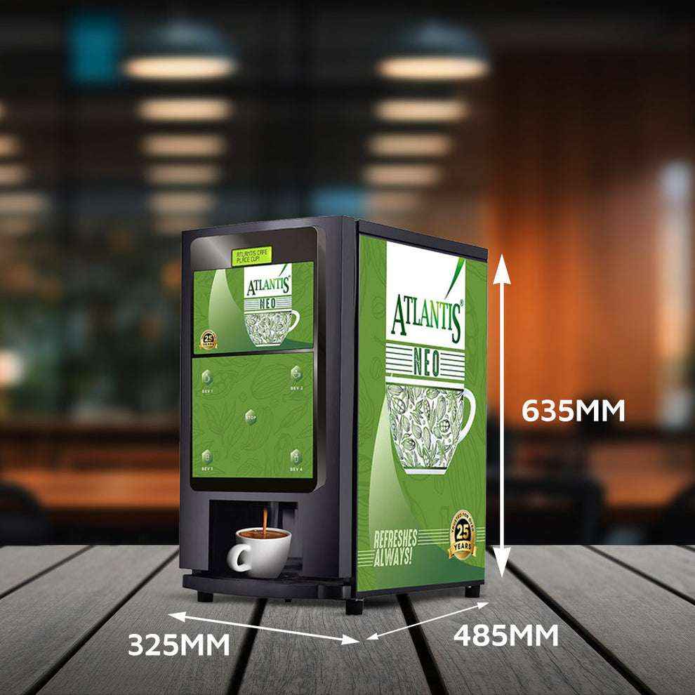 Compact coin operated coffee vending machine Atlantis Neo with green design and cup dispenser