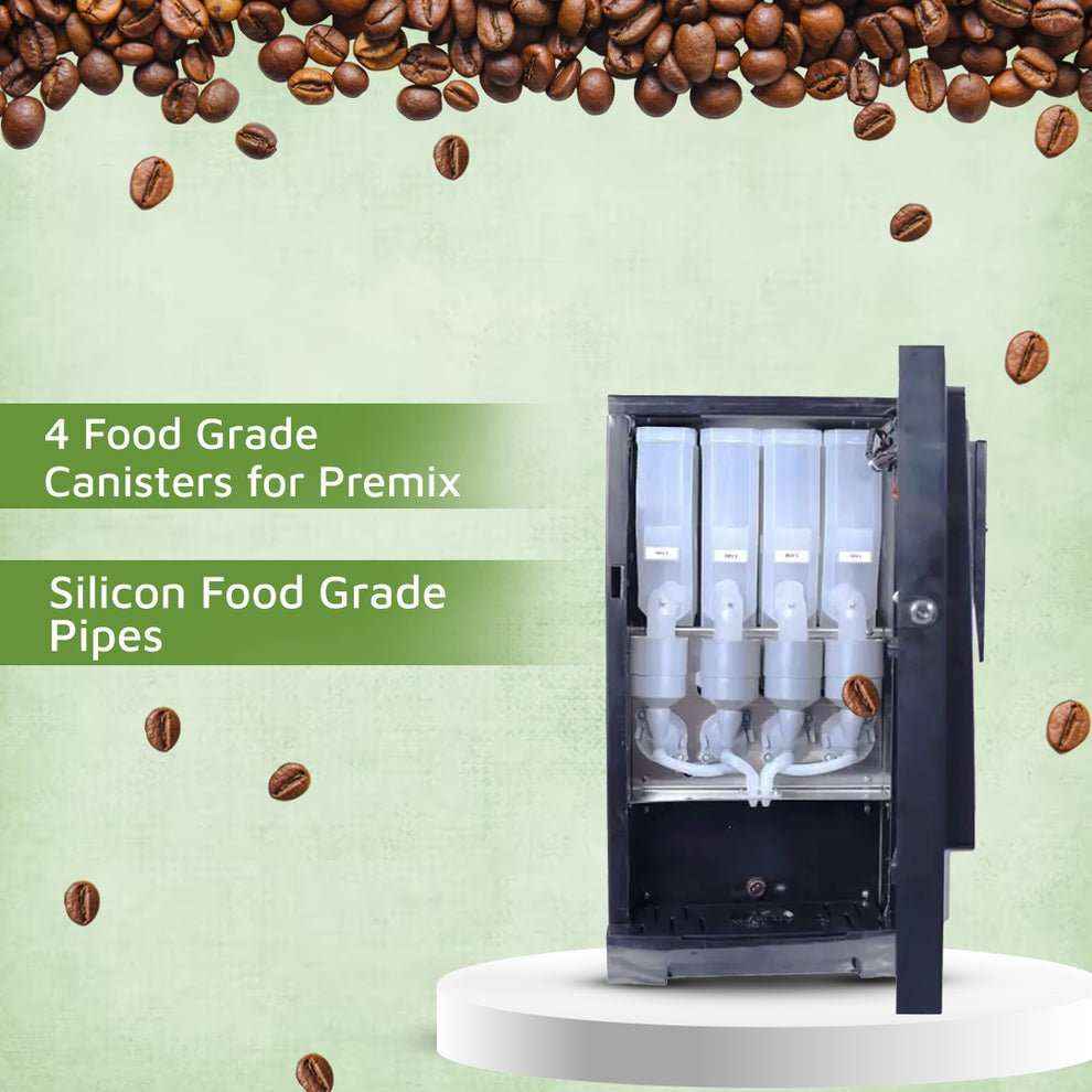 Coin operated coffee vending machine with 4 food grade canisters and silicon food grade pipes for premix