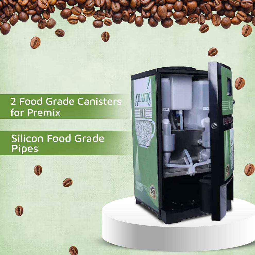 Coin operated coffee vending machine with two food grade canisters and silicon food grade pipes