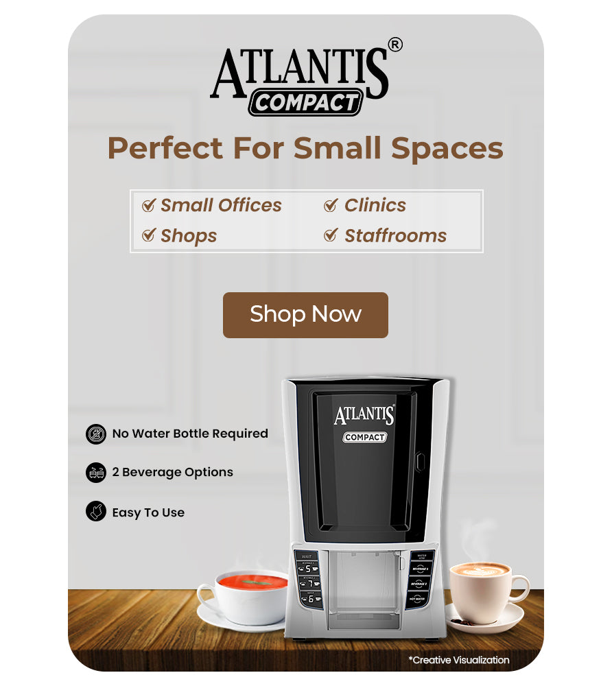 Atlantis Compact hot beverage dispenser by Coffee walla with two beverage options for small offices and clinics