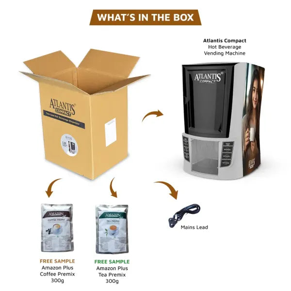 Coffee walla compact hot beverage dispenser with box, power cord, and free coffee and tea premix samples