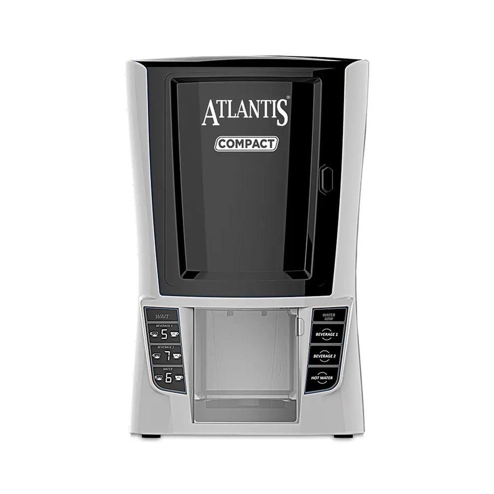 Atlantis compact hot beverage dispenser in black and silver by Coffee Walla with beverage selection buttons