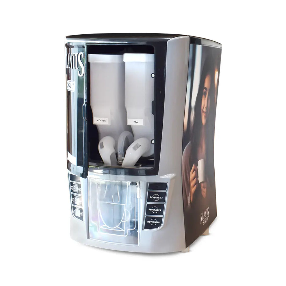 Coffee walla compact hot beverage dispenser with separate coffee and tea containers and user-friendly buttons