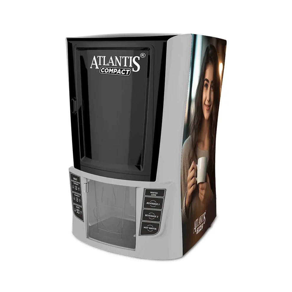 Coffee walla Atlantis Compact hot beverage dispenser with user-friendly buttons and sleek black and silver design