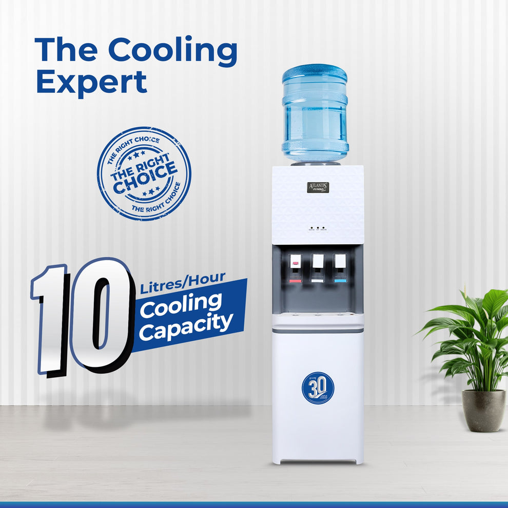 White floor standing water dispenser with 10 liters per hour cooling capacity and blue water bottle on top