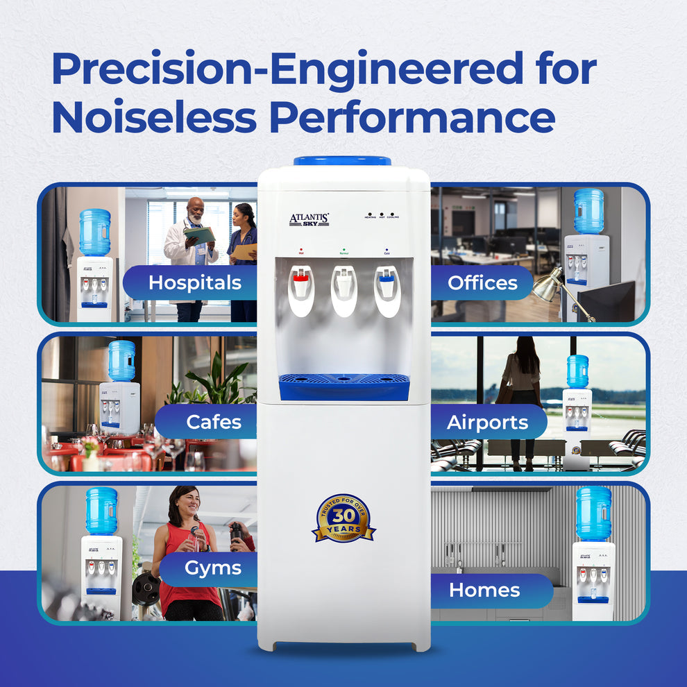 Floor standing water dispenser by Tea coffee vending service shown in hospitals offices cafes airports gyms and homes
