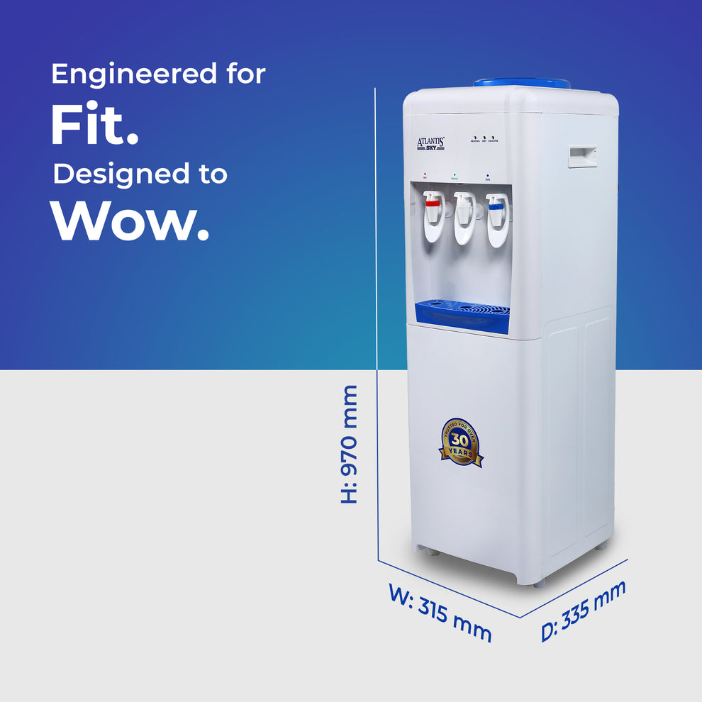 White floor standing water dispenser with three taps and compact design by Tea coffee vending service