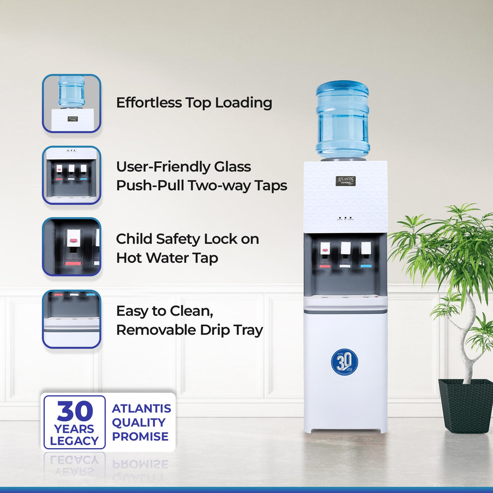 White floor standing water dispenser with top loading bottle and user-friendly glass push-pull taps
