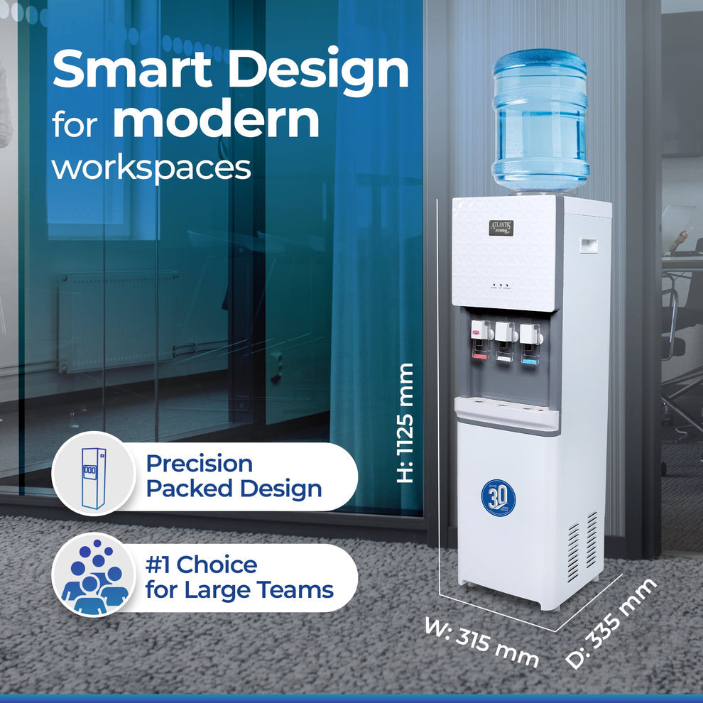 Floor standing water dispenser with water bottle on top in modern office setting
