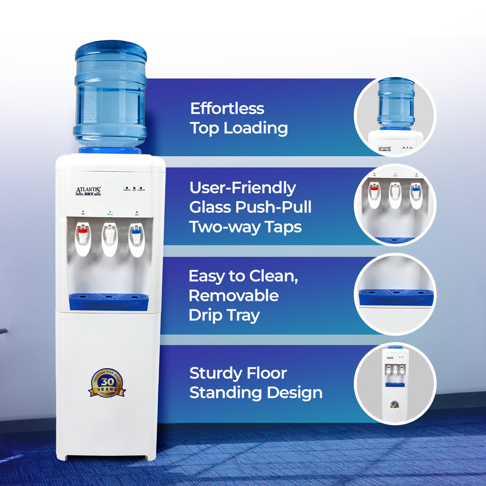 White floor standing water dispenser with top loading bottle and push-pull two-way taps