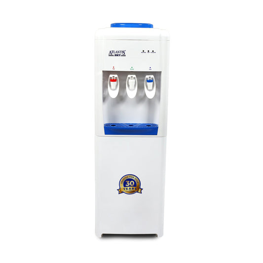 White floor standing water dispenser with three taps for hot, cold, and normal water