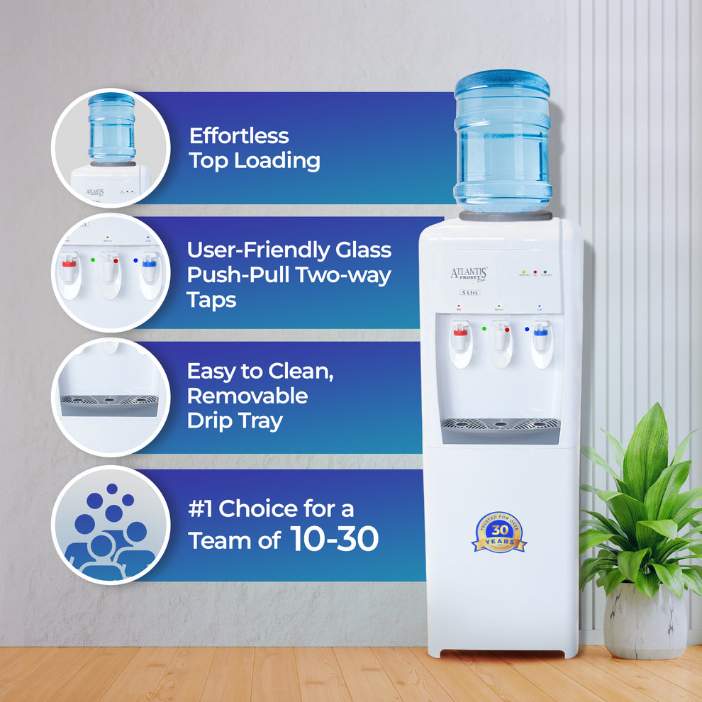 Atlantis Frosty floor standing water dispenser with top loading and user-friendly glass push-pull two-way taps