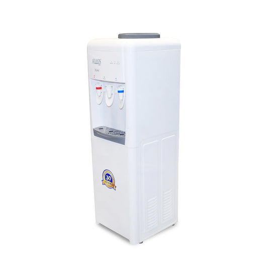 Atlantis Frosty floor standing water dispenser in white with three tap buttons for hot and cold water