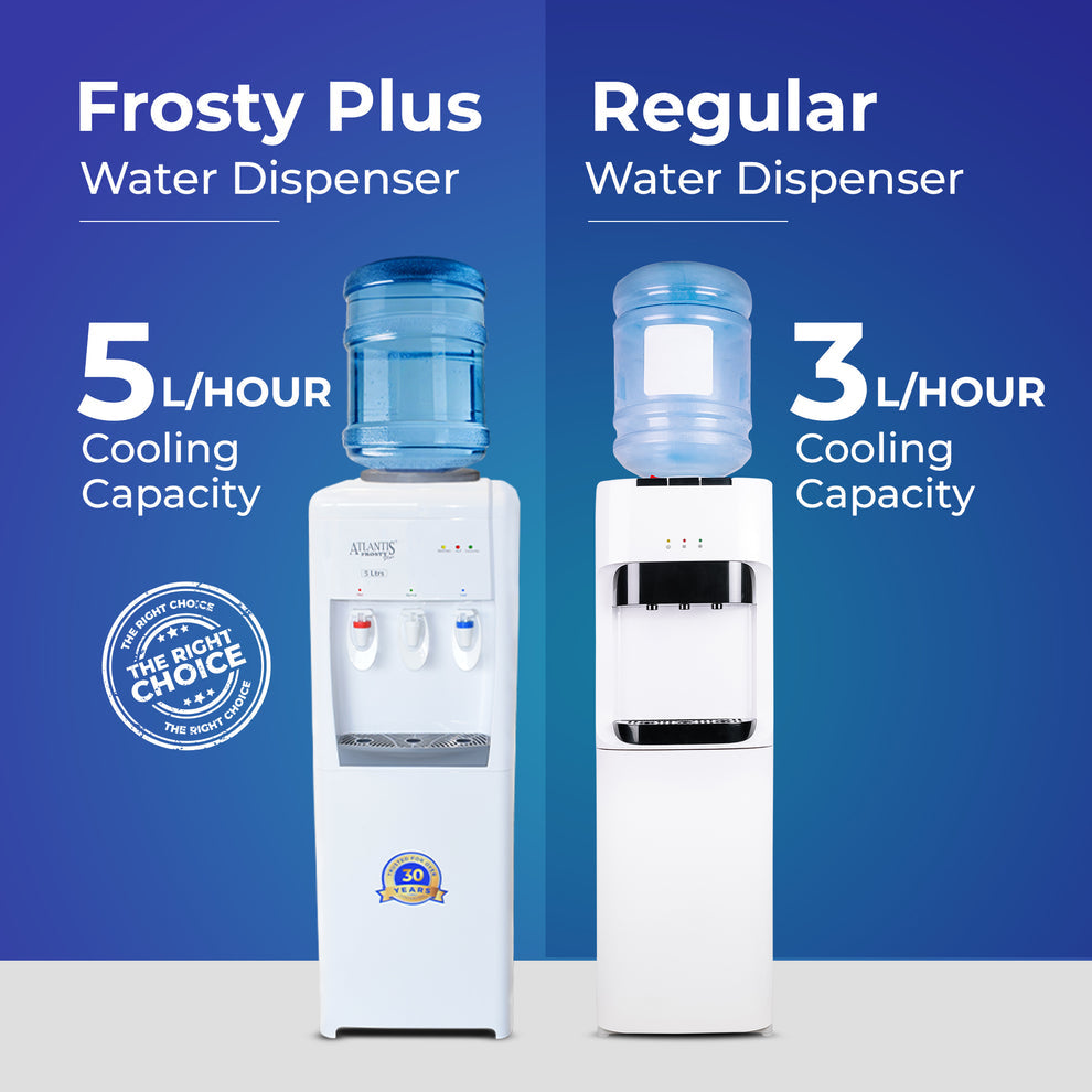 ATLANTIS FROSTY PLUS Hot Cold water dispenser with 5 liters per hour cooling capacity next to a regular water dispenser
