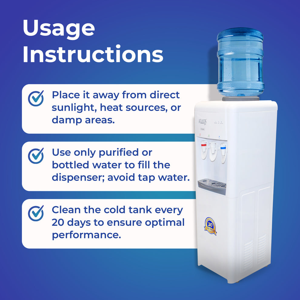 ATLANTIS FROSTY PLUS Hot Cold water dispenser with usage instructions on placement and cleaning