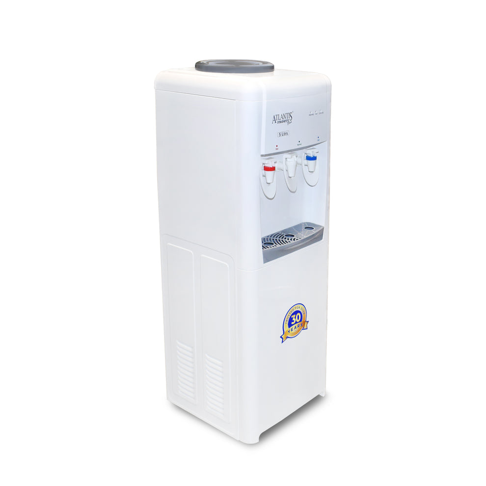 White Atlantis Frosty Plus water dispenser with hot and cold water taps and drip tray