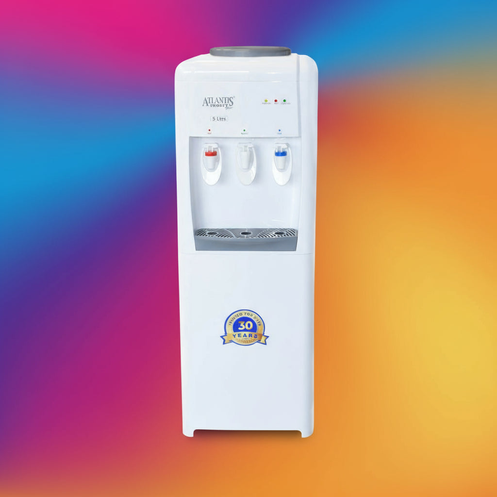 White Atlantis Frosty Plus water dispenser with three taps for hot, room, and cold water