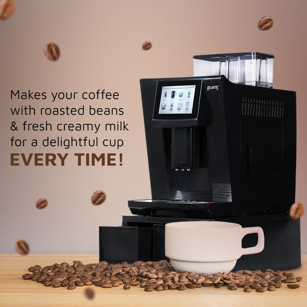 Fully automatic bean to cup coffee machine with touchscreen and coffee beans on wooden surface