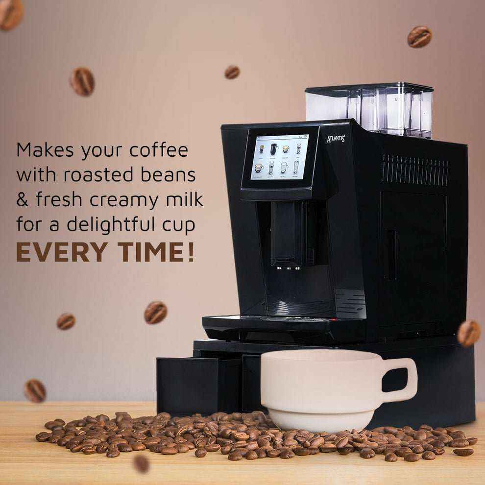 Fully automatic bean to cup coffee machine with digital display and fresh coffee beans on wooden surface