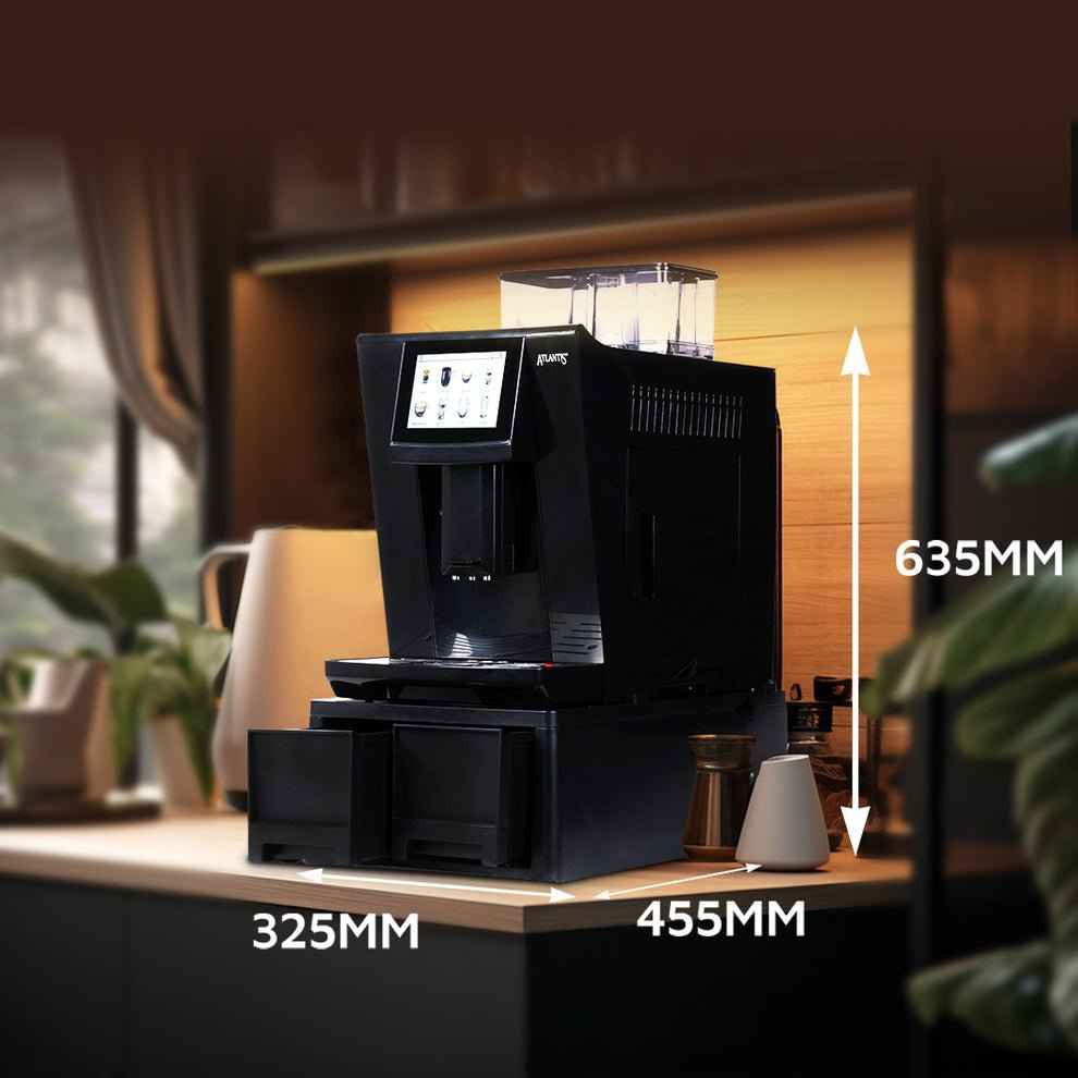 Black fully automatic bean to cup coffee machine on countertop with size dimensions